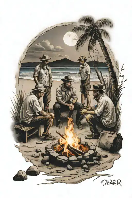 Beach With 3 Men Standing Around A Campfire