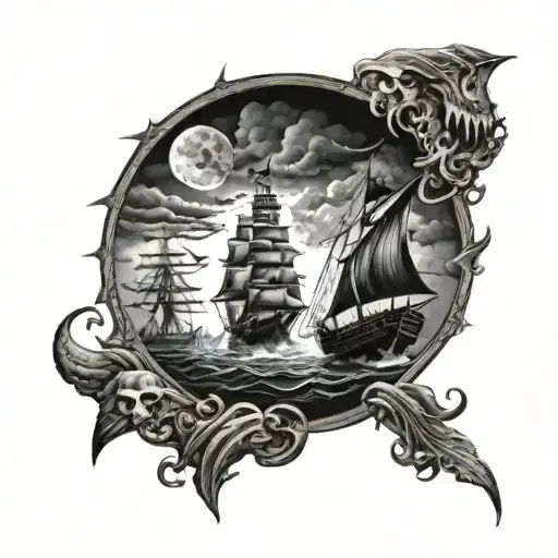 Dark Ship Sailing Through Stormy With Grim Reaper And Plague Doctor And Lighthouse