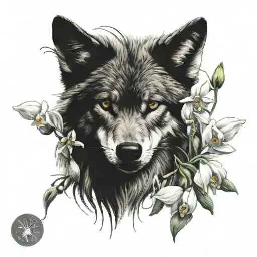 Wolf With Snowdrop Flowers And Orchid Flowers