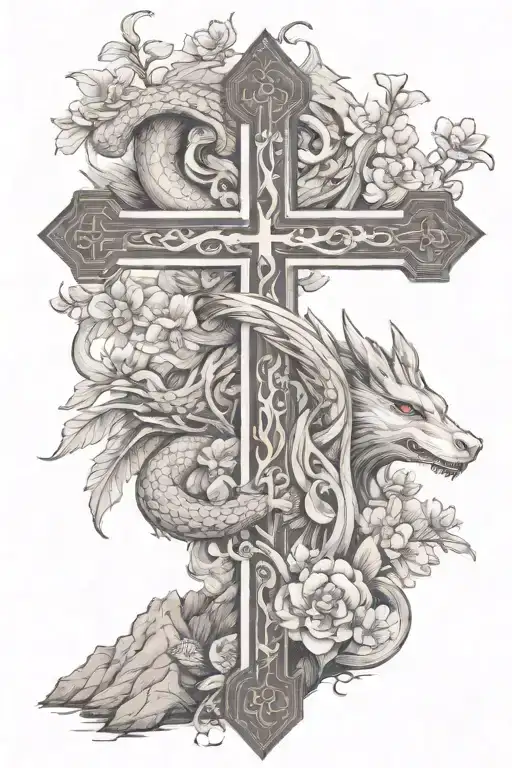 Christian Cross Jesus On A Mountain With A Cute Chinese Dragon And A Few Flowers Around