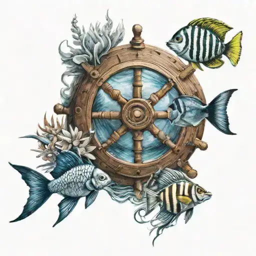 An Ocean Scene With A Ship Wheel And Tropical Fish Swimming By