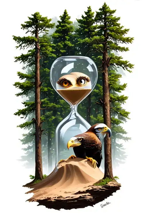Eagle Eyes Behind Trees With Hour Glass With Sand