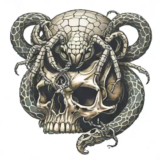 A Spider Pulls Out The Eye Of A Snake That Is Sleeping Around A Skull