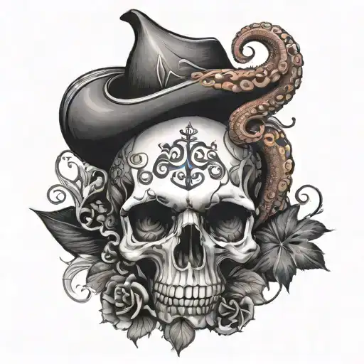 Skull And Octopus Behind Him With The Ace Of Spades And Hibiscus