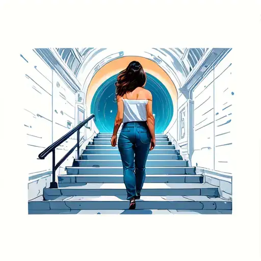 Woman Walking Upstairs To Portal Of Space