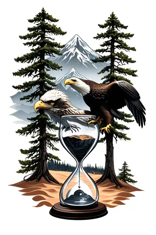 Eagle Eyes Behind Trees With Hour Glass With Sand And Mountain On Background And A Loyalty Sentence