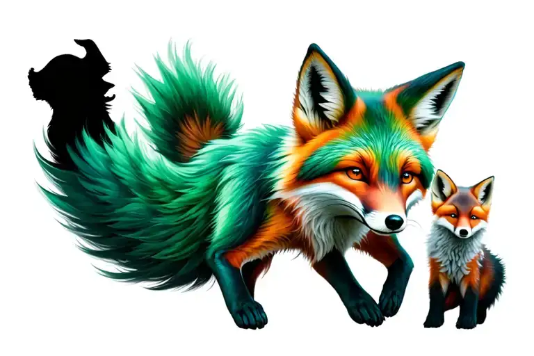 Multi-tailed Emerald Green Fox With A Shadow Of A Fox Kit Following Behind