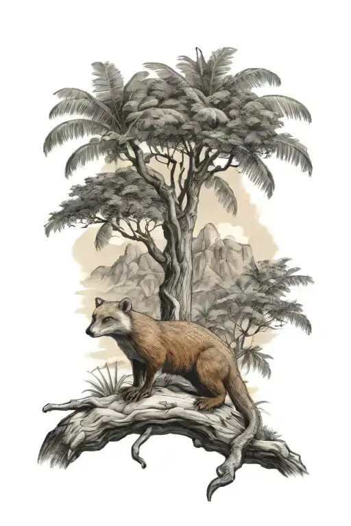 St Lucia Mountains With A Mongoose And A Mango Tree