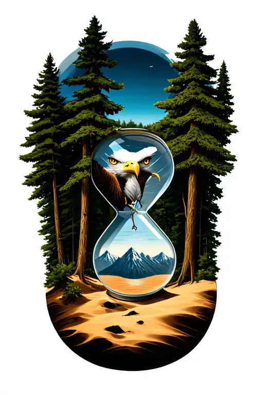 Eagle Eyes Behind Trees With Hour Glass With Sand And Mountains