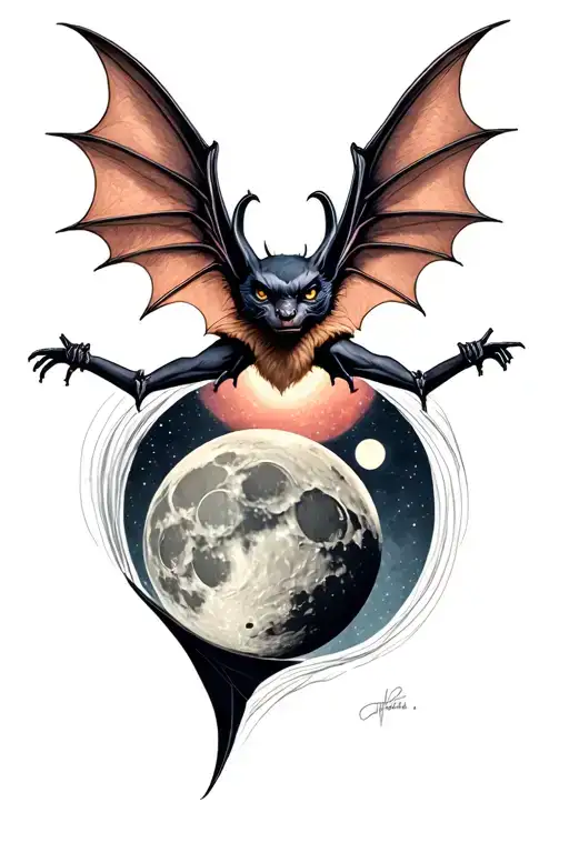 Bat With Spread Wings With Moon Phases