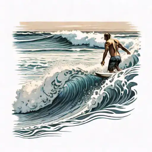 A Surfer Walking On The Beach With A Wave In The Background