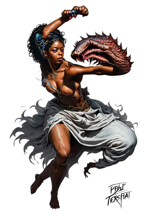 Black Woman Good With Steal Helmat Fighting A Monster