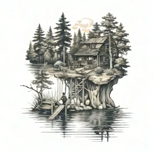 Cabin In The Woods With A Lake And A Family Fishing On A Dock