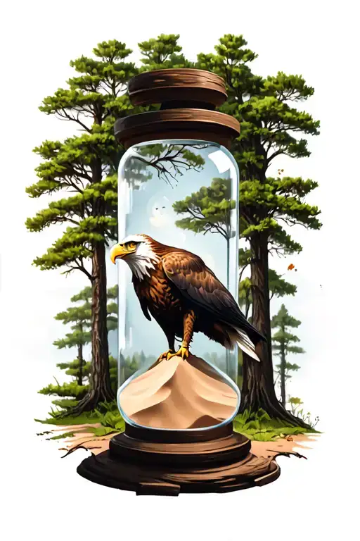 Eagle Eyes Behind Trees With Hour Glass With Sand