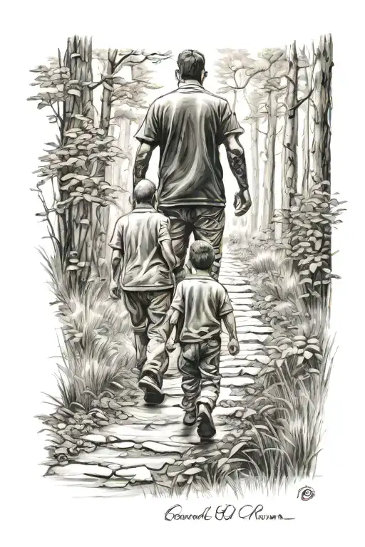 A Father And Son Walking Down A Path In A Forrest