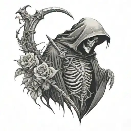 Grim Reaper Facing Left With Roses And Thorns Around The Back Of Him
