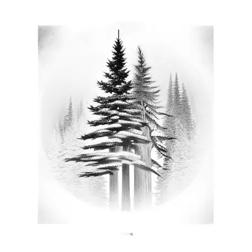 A Realistic Tattoo Design Of A Forest Landscape With A Majestic Pine Tree As The Focal Point