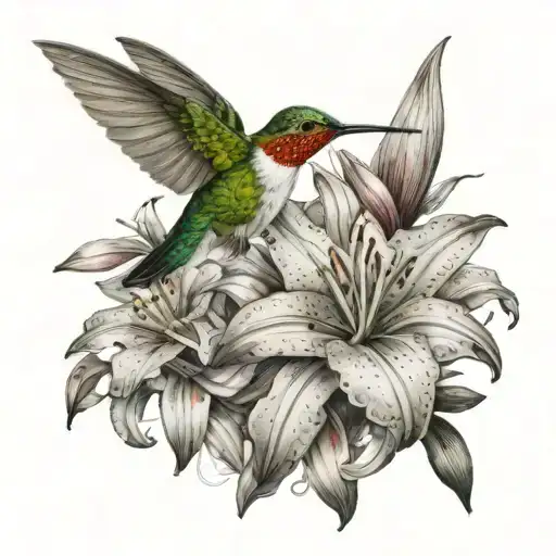 Hummingbird Hovering And Feeding On Lillies