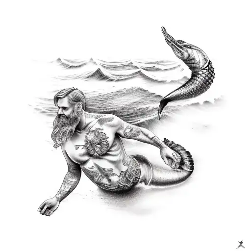 Old Fisherman Holding Mermaid