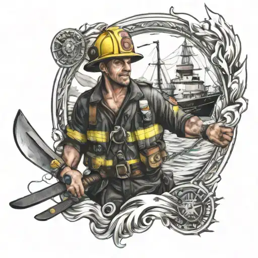Fire Fighter With Axe In Two Hand Holding With A Ship Background