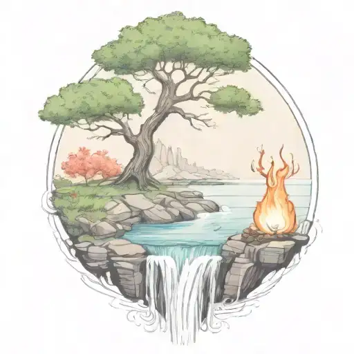 A River With A Campfire And A Rowan Berry Tree On Either Side Of It Waterfalls Down The Front