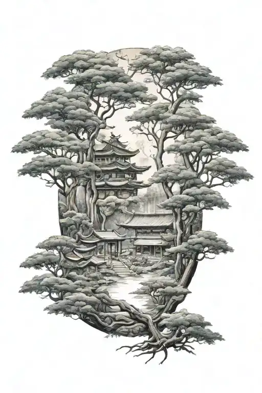 A Mystical Forest Scene With A Hidden Martial Arts Dojo Among The Trees