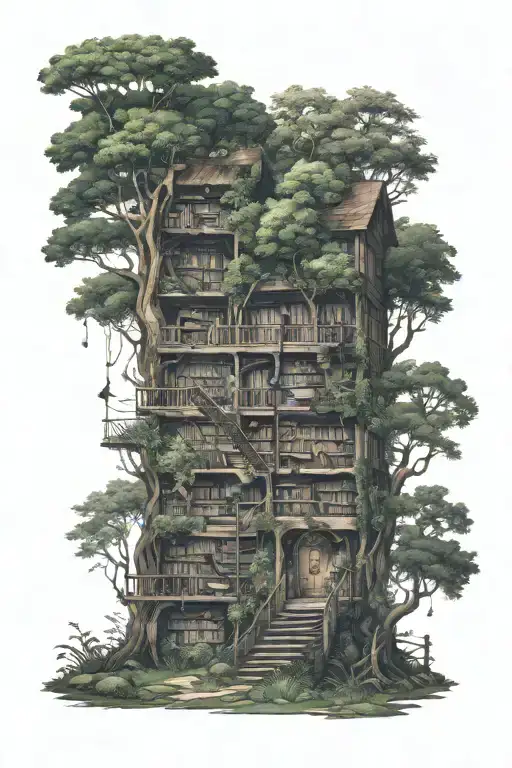 A Mystical Forest Scene With A Hidden Library Nestled Among The Trees