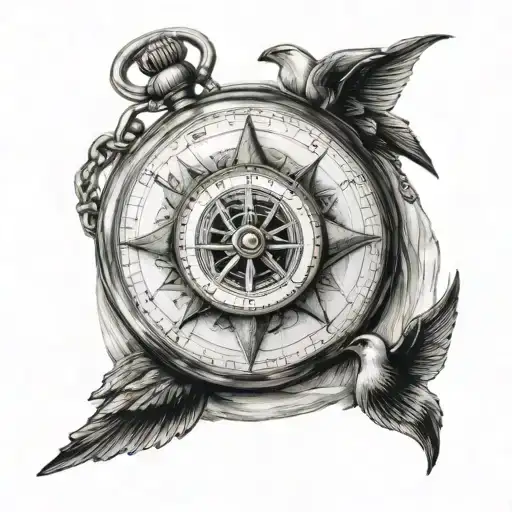 Compass Pocket Watch Anchor Swallow And Mountains
