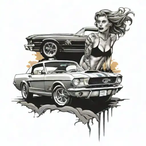 A Tattoo Of A Woman In A Bikini Driving A 66 Mustang Fastback Down A Sunset Roadhyper Realistic