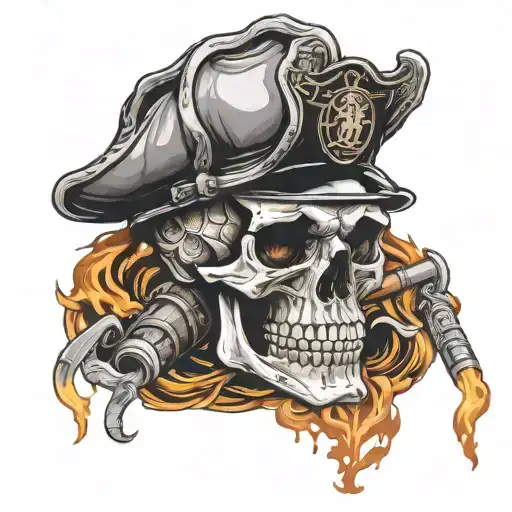 Fire Fighter Skull Smoking A Cigar With The Ocean And Fire Fighter Emblem Behind With 2 Axes