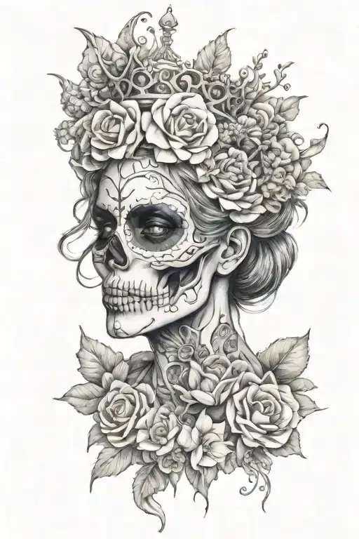 Half Skull Face Woman Wearing Crown Surrounded By Flowers