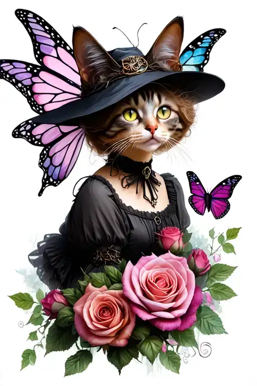 Gothic Alice In Wonderland As A Fairy Witch Plus Cat's Eyes Roses And Butterflies