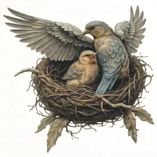 Mother Bird Using Wings To Shelter Three Baby Birds In Nest