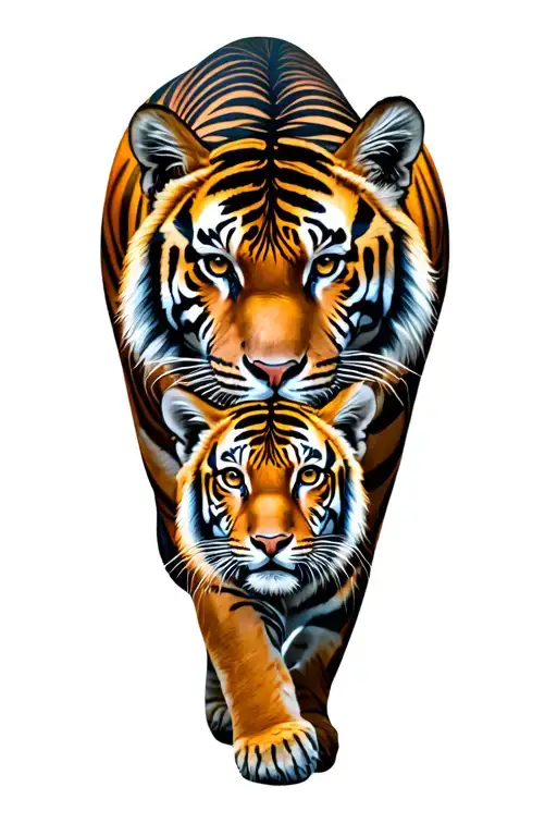 Jungle Scene Featuring Tiger And Cub Walking In Sunset