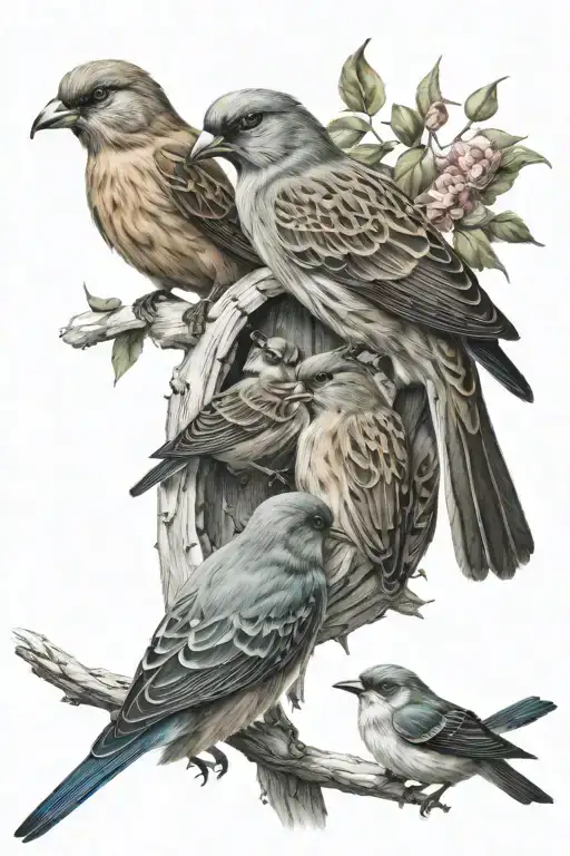 Mother And Father Bird Feeding 4 Baby Birds