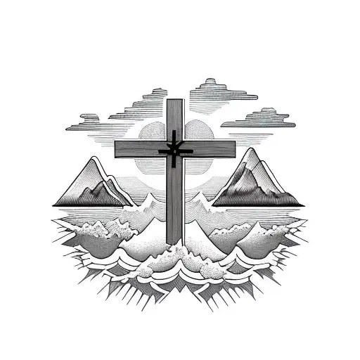 Christian Wooden Cross With Mountains And Ocean