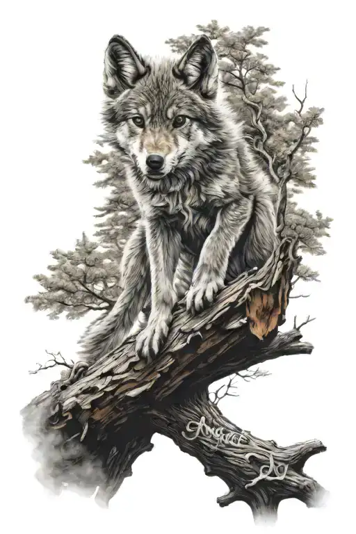 Baby Wolf In A Forest Jumping A Tree Trunk With The First Name Angel Written In The Tree