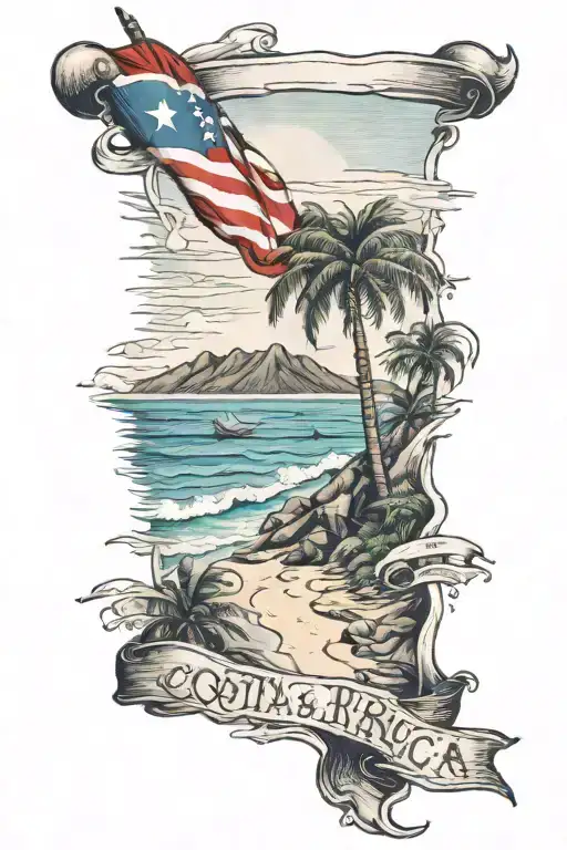 Costa Rica Beach With Sea And Flag Waving