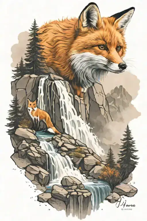 Orange Fox On A Mountain Landscape Featuring Waterfall