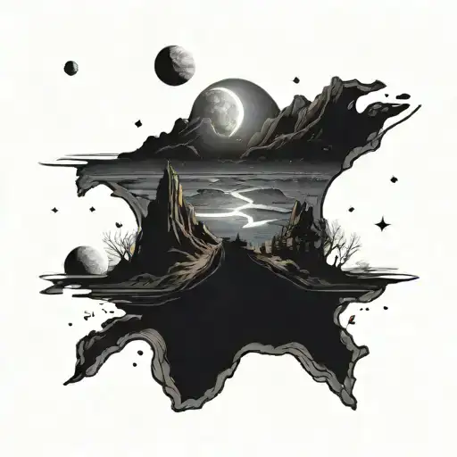 A Mountainside Landscape With A River Flowing Through And A Night Sky Of Planets And Stars