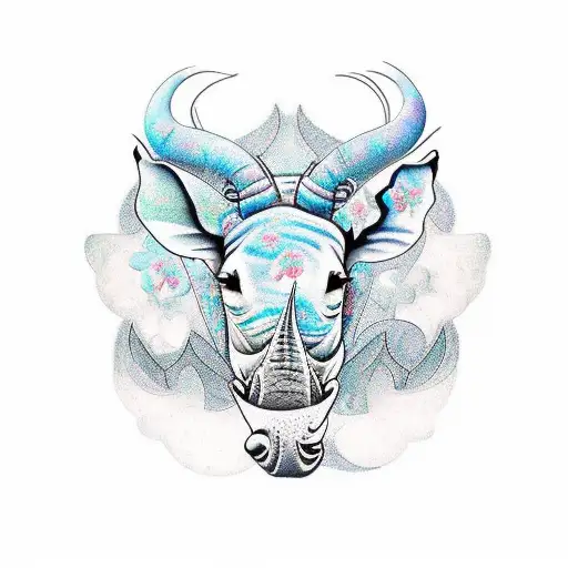 Psychedelic Rhinoceros And Large Blue Butterfly On The Horn