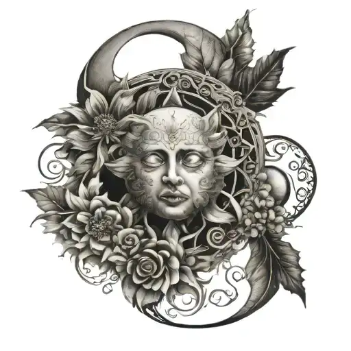 A Realistic Sun And Moon Design Intertwined With Intricate Floral Patterns