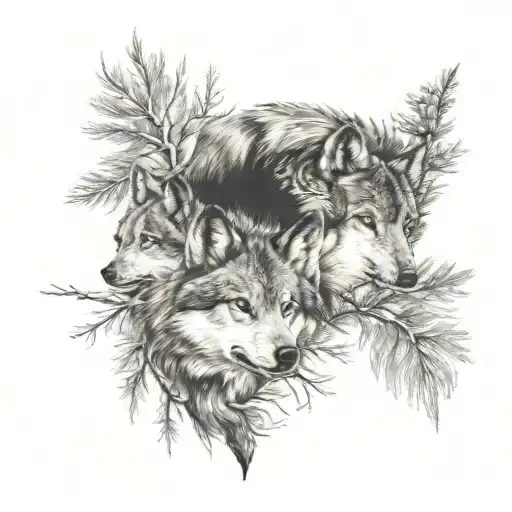 Family Face Of 3 Wolves In Pine Forest
