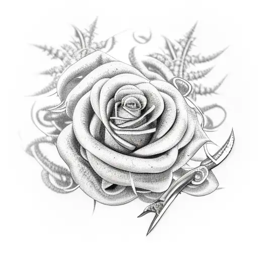 A Highly Detailed Realism Tattoo Of A Dagger Wrapped In Thorny Rose Vines