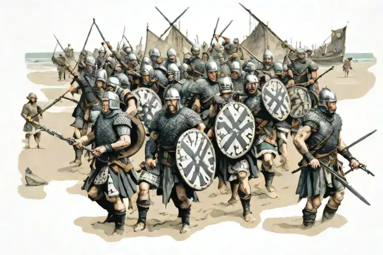 Massive Norman Army On The Beach Of England With Their Long Ships In The Background