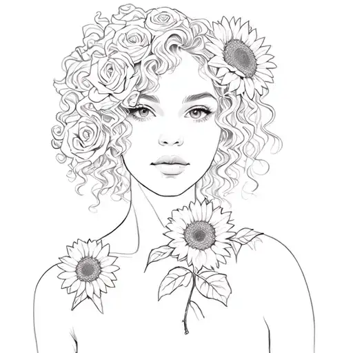 A Woman With Curly Hair With Rose And Sunflowers Growing As Hair
