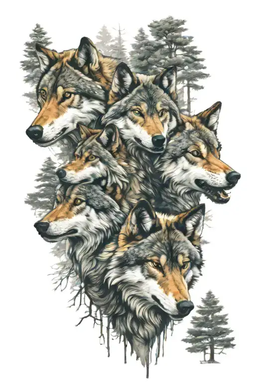 Three Faces Of Wolves In Pine Forest