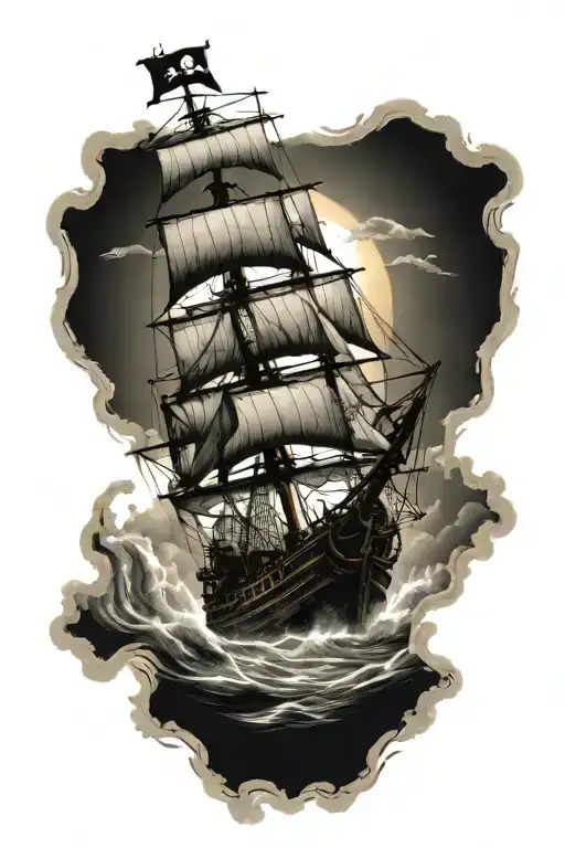 Sun And Pirate Ship Sailing Through A Sea