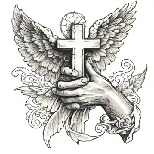 Hand Holding Cross And Under Hand Ist Angel With Open Wings
