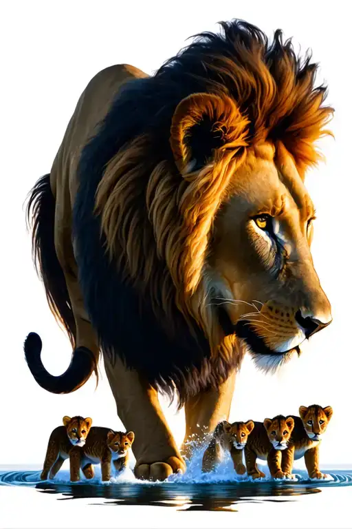 Lion With Cubs Sunset Waterfalls